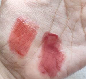 A swatch on the hand for the shades I'm Yours and Lovestruck